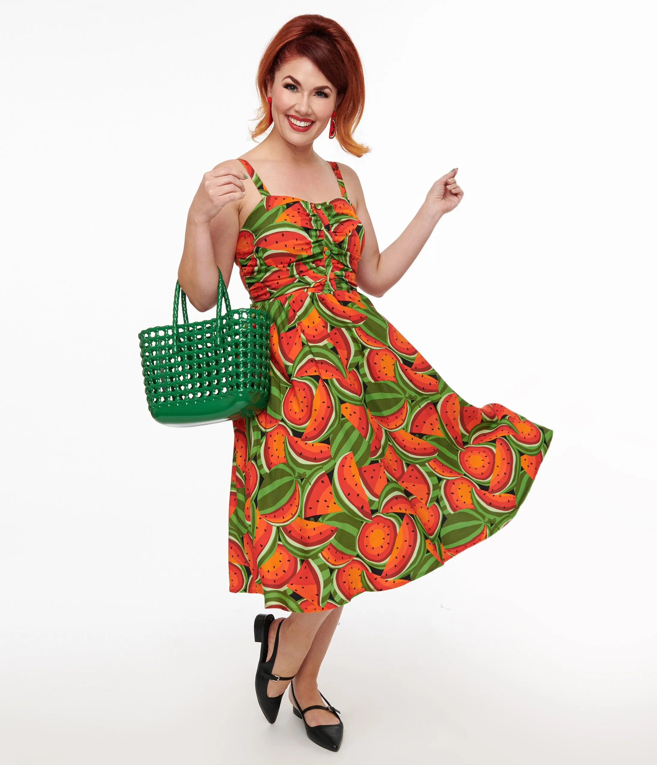 1950s Red & Green Watermelon Print Eden Fit & Flare Dress