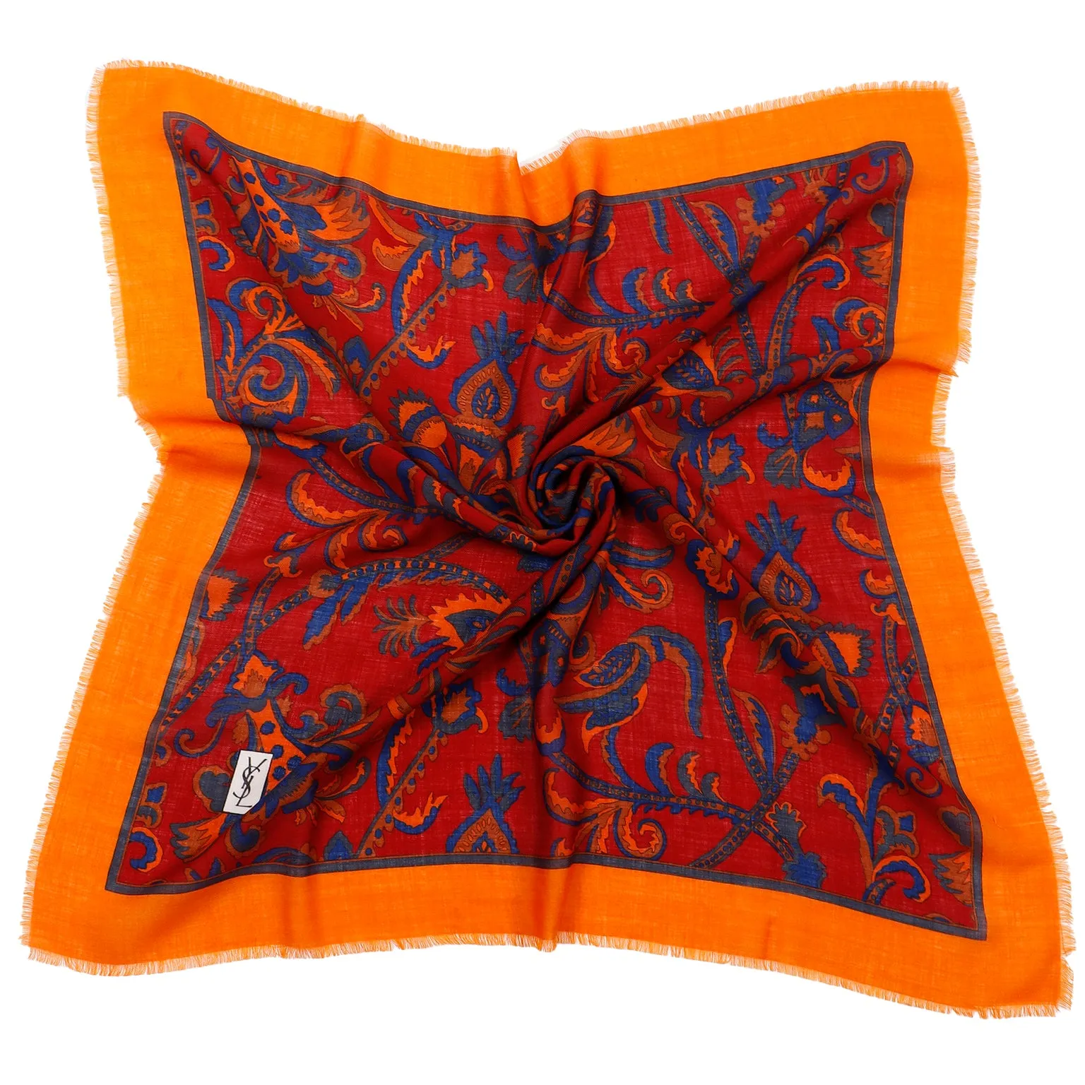 1980s Yves Saint Laurent Red Orange & Blue Wool Challis Scarf