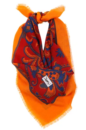 1980s Yves Saint Laurent Red Orange & Blue Wool Challis Scarf