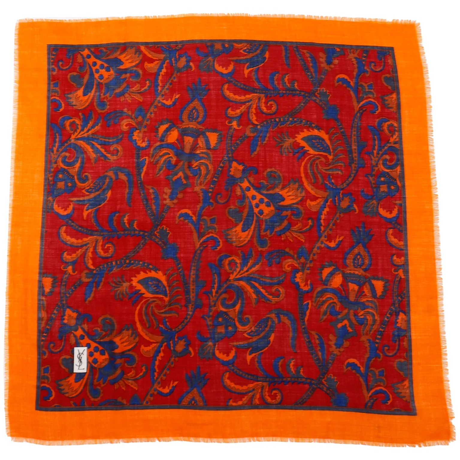 1980s Yves Saint Laurent Red Orange & Blue Wool Challis Scarf