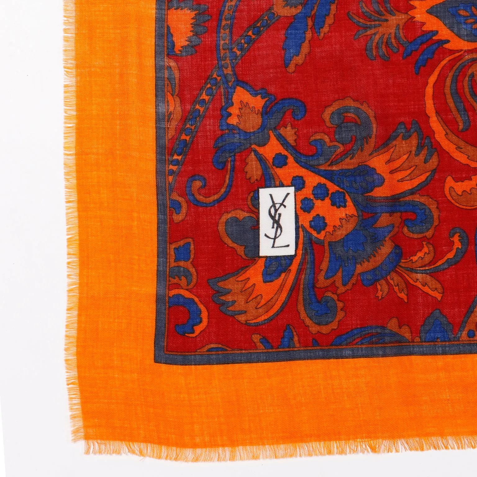 1980s Yves Saint Laurent Red Orange & Blue Wool Challis Scarf