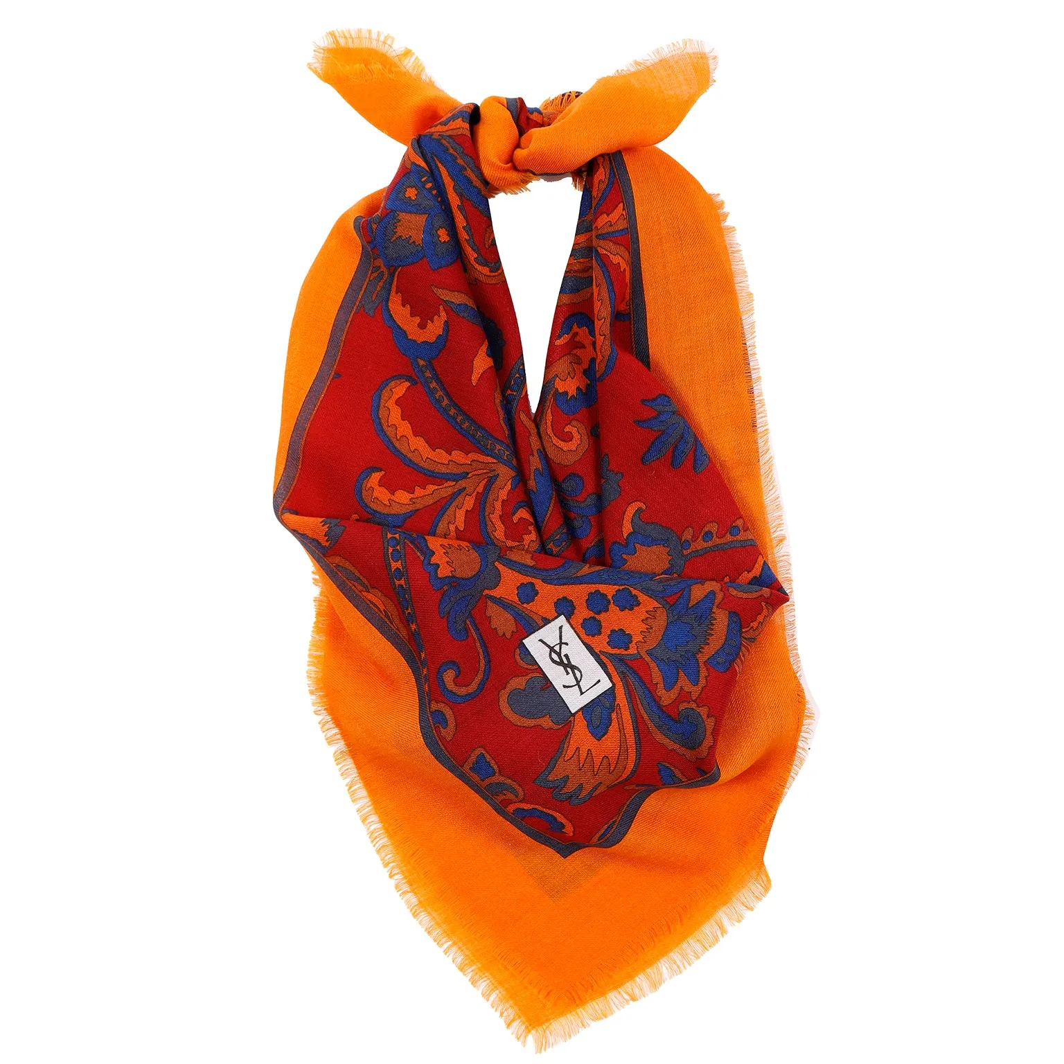 1980s Yves Saint Laurent Red Orange & Blue Wool Challis Scarf