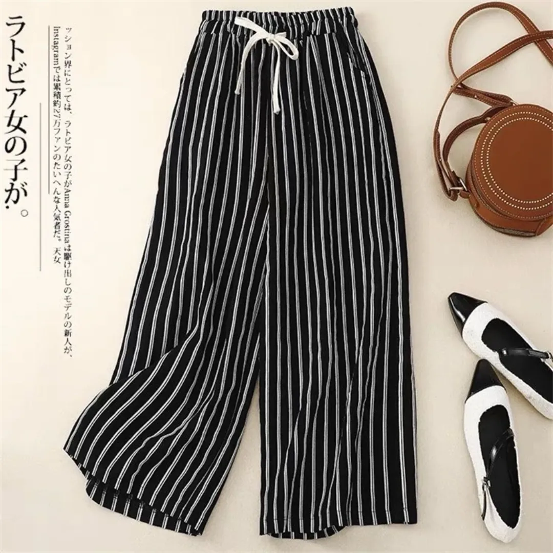 2024 Summer Vintage Striped Cotton Linen Beach Wide Leg Drawstring Trousers