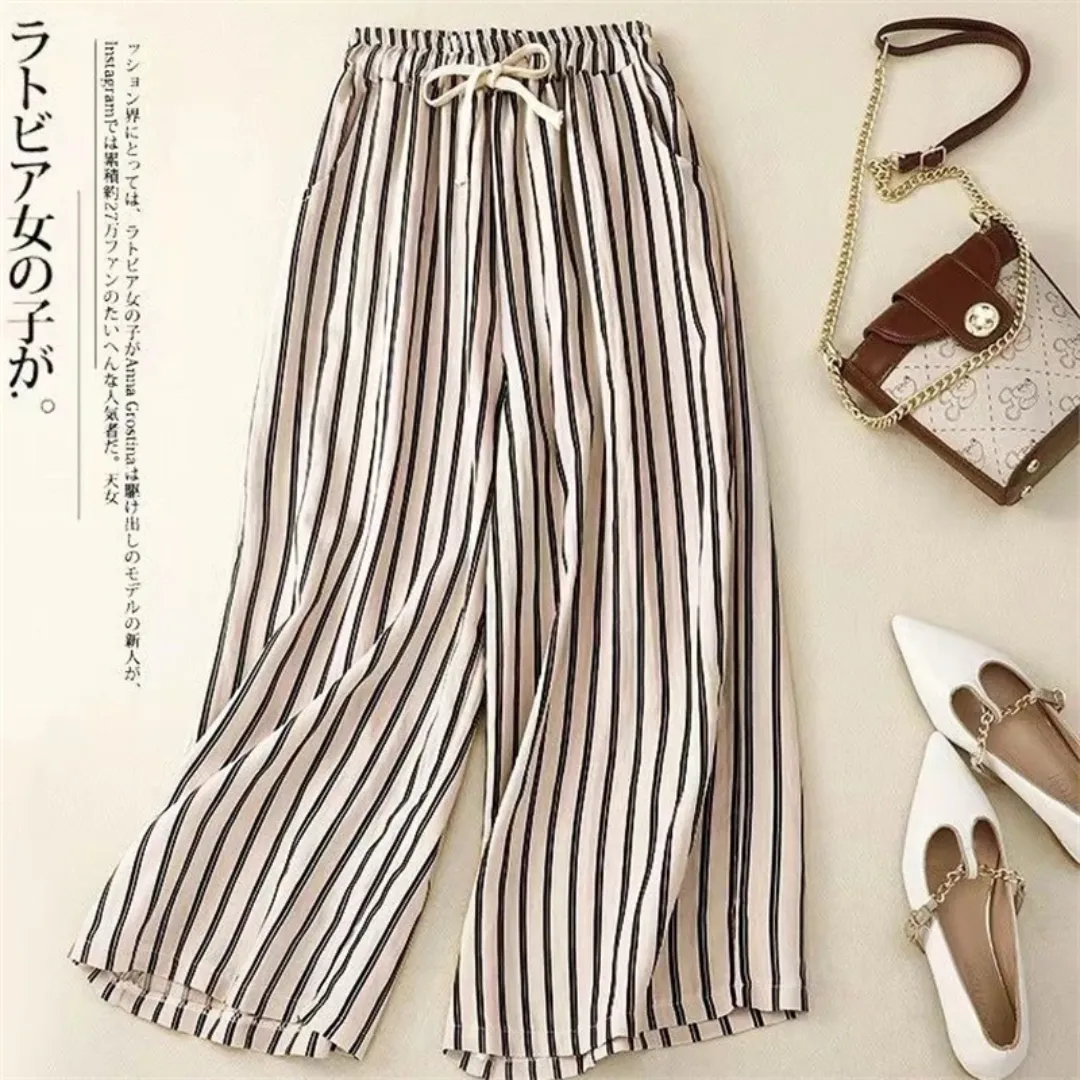 2024 Summer Vintage Striped Cotton Linen Beach Wide Leg Drawstring Trousers