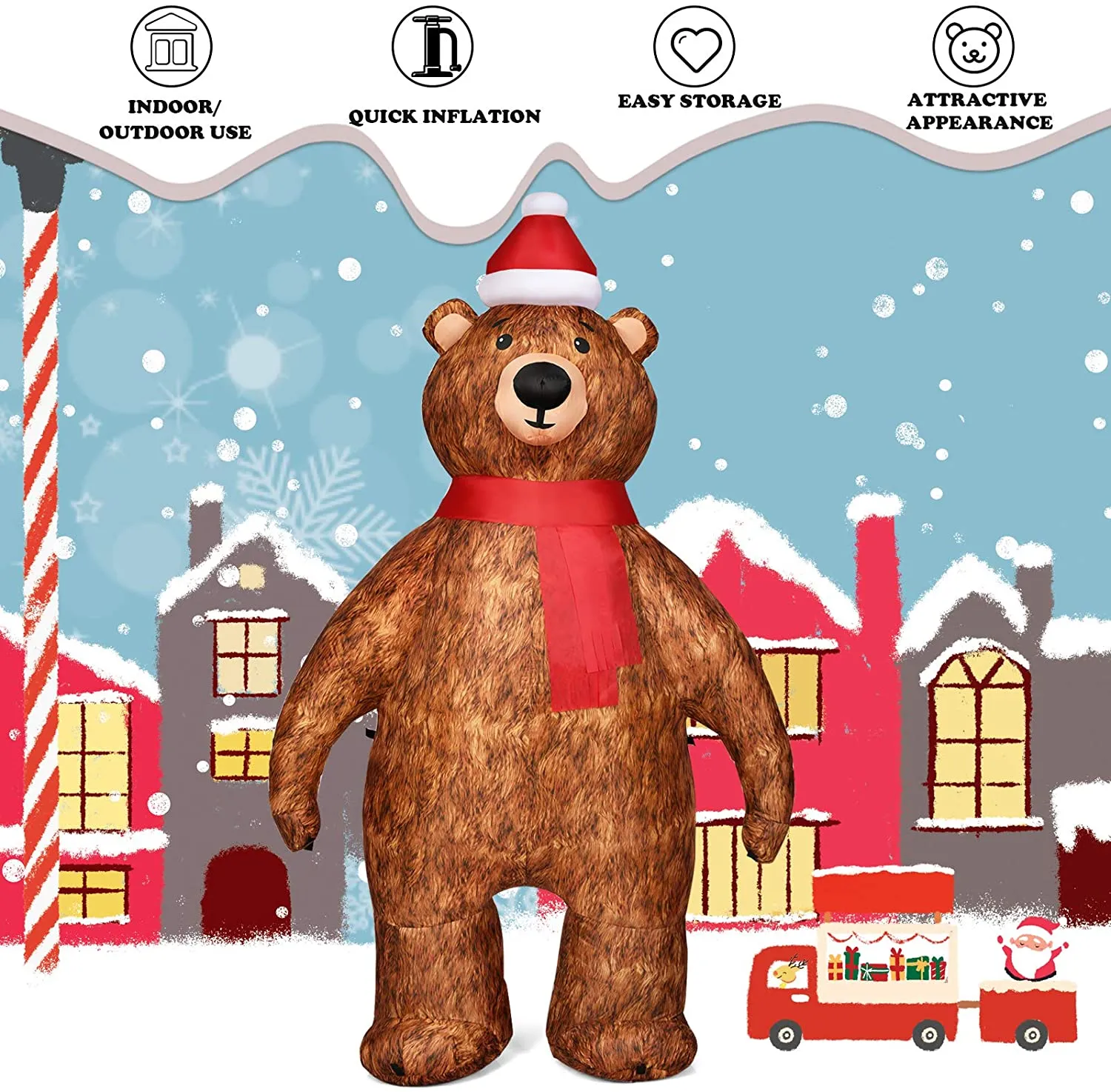 2.2M Inflatable LED Christmas Standing Bear with Santa Hat Scarf