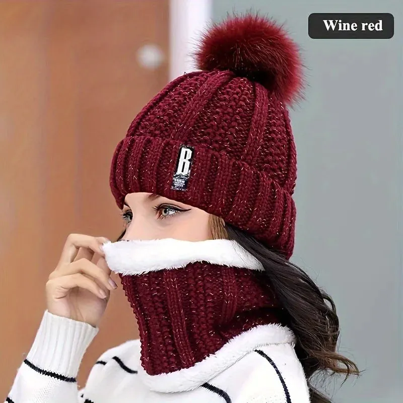 2PCS winter warm knit hat set Winter hat thick plush windproof cold casual warm hat scarf