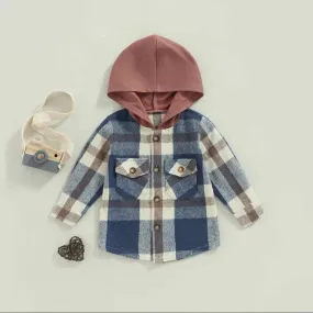 2T X 1, 3T X 1 = $15.00 EA- Kids Blue & Rust Plaid  Hooded Shacket/Jacket