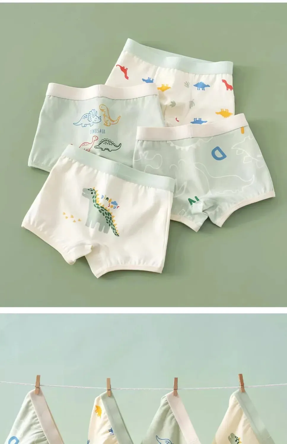 4PCS Kid Cotton Antibacterial Panties Boy Thin Soft Breathable Knickers 3 y Young Children Underwears Baby Dinosaur Print Briefs