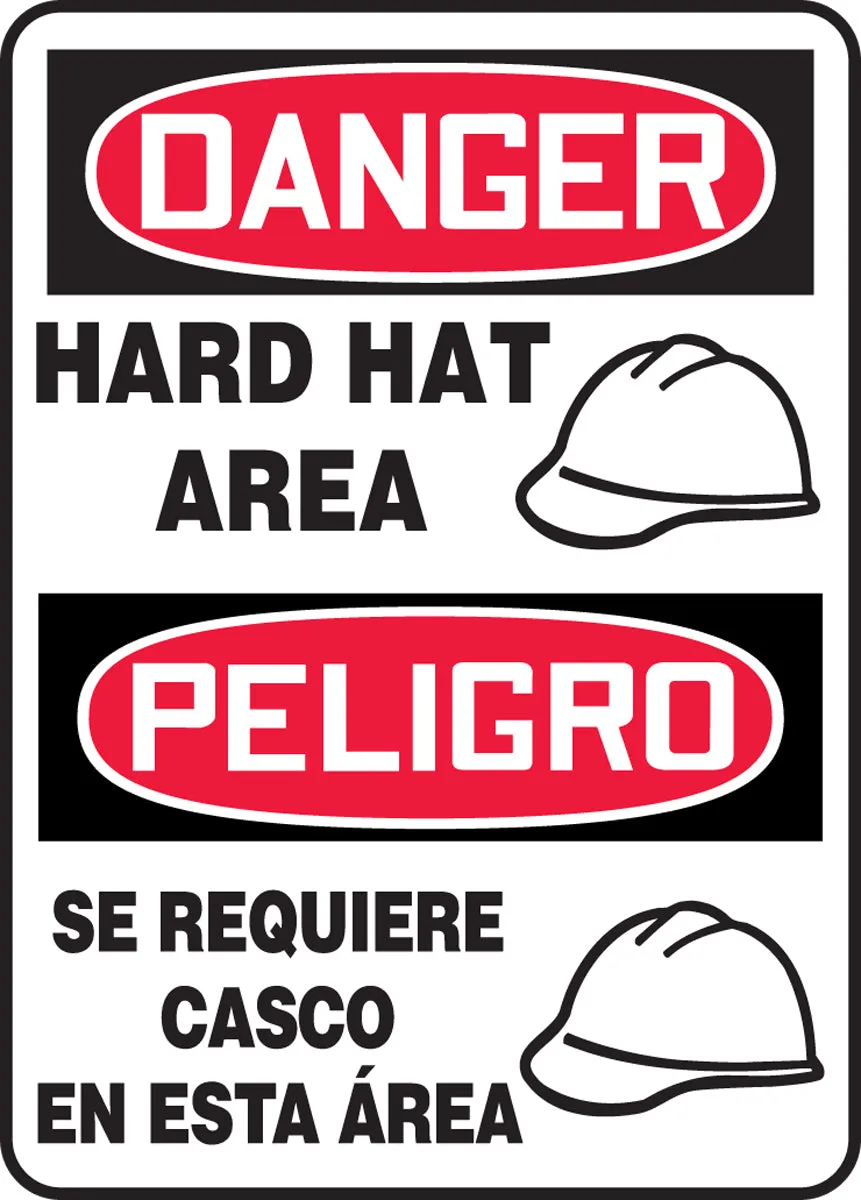 Accuform® 20" X 14" Red, Black And White Aluminum Spanish/English Bilingual Safety Signs "DANGER HARD HAT AREA PELIGRO SE REQUIERE CASCO EN ESTA AREA"