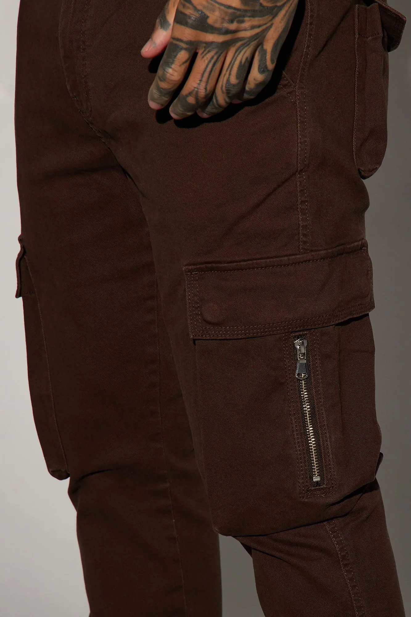 Affection Stacked Skinny Flare Cargo Pants - Brown