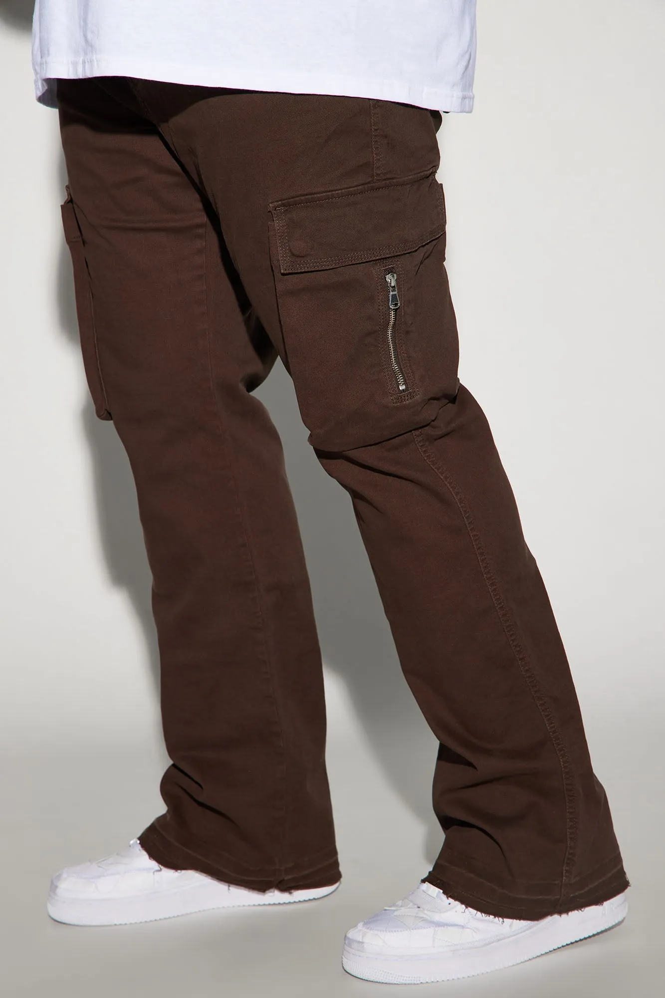 Affection Stacked Skinny Flare Cargo Pants - Brown