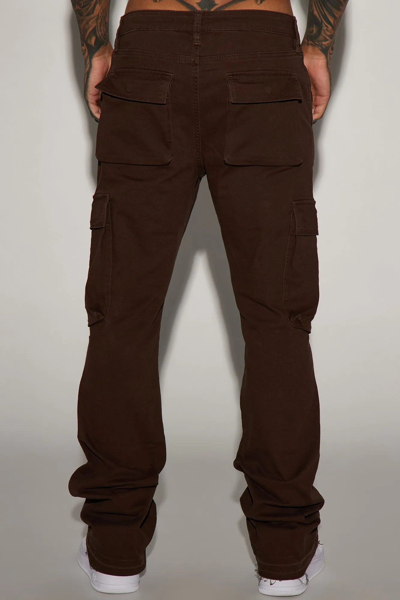 Affection Stacked Skinny Flare Cargo Pants - Brown