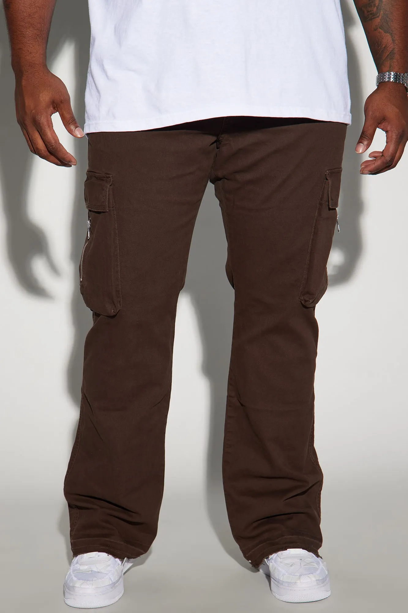 Affection Stacked Skinny Flare Cargo Pants - Brown