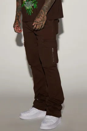 Affection Stacked Skinny Flare Cargo Pants - Brown