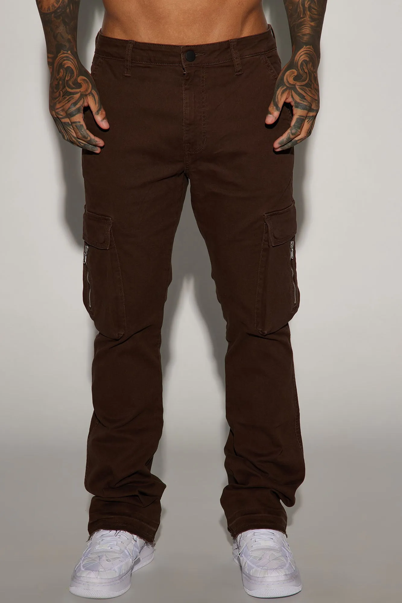 Affection Stacked Skinny Flare Cargo Pants - Brown