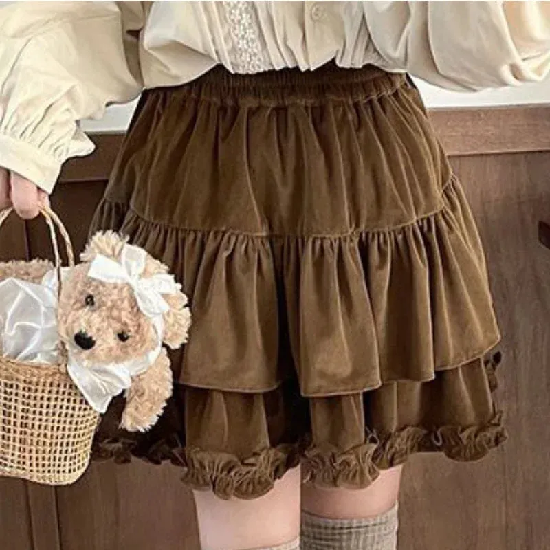 Aiertu 90s Winter Ruffle Brown Kawaii Lolita Pleated Skirt Women Fairy Y2k Mini Skirt Female Korean Fashion Cute Mini Cake Casual Skirt