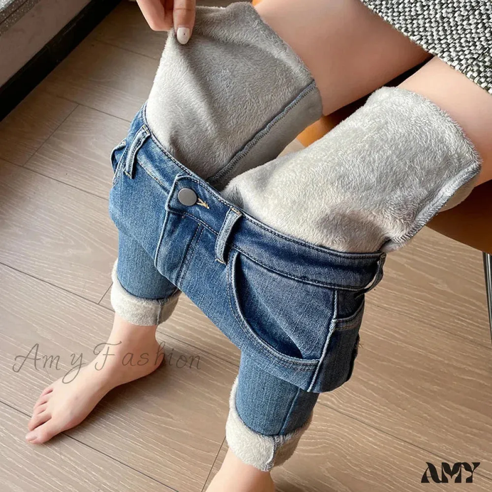 Amy Fashion - Winter Warm Plush Stretch Thermal Fleece Retro Thicken High Waist Jean