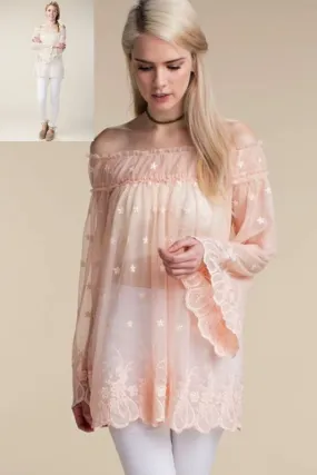 Angelic Sheer Off Shoulder Top - Peach or Cream