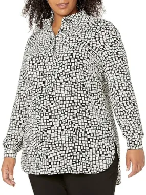 ANNE KLEIN Womens Black Printed Long Sleeve Mock Neck Wear To Work Tunic Top