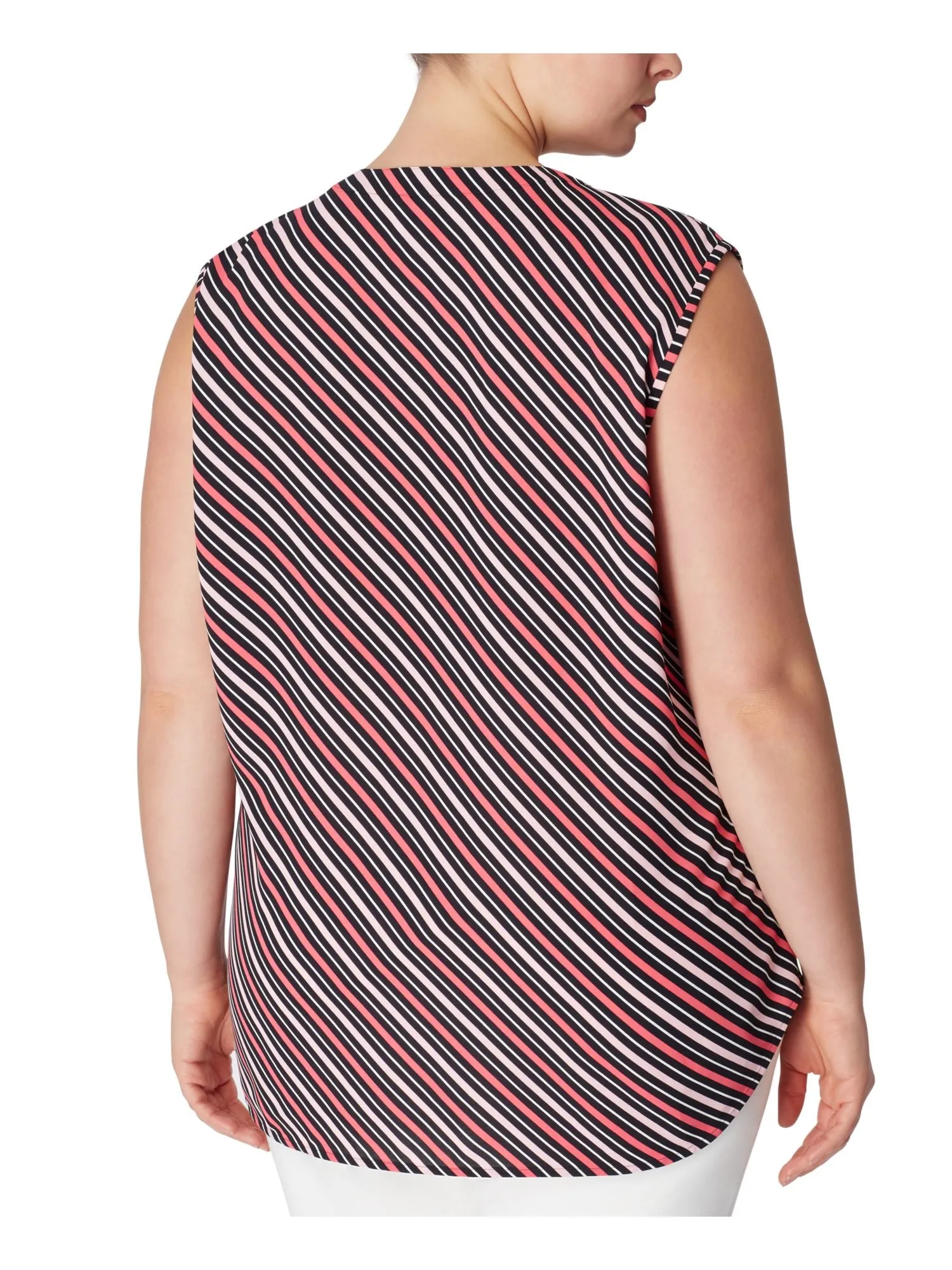 ANNE KLEIN Womens Pink Slitted Darted Curved Hem Striped Sleeveless Split Wear To Work Hi-Lo Top