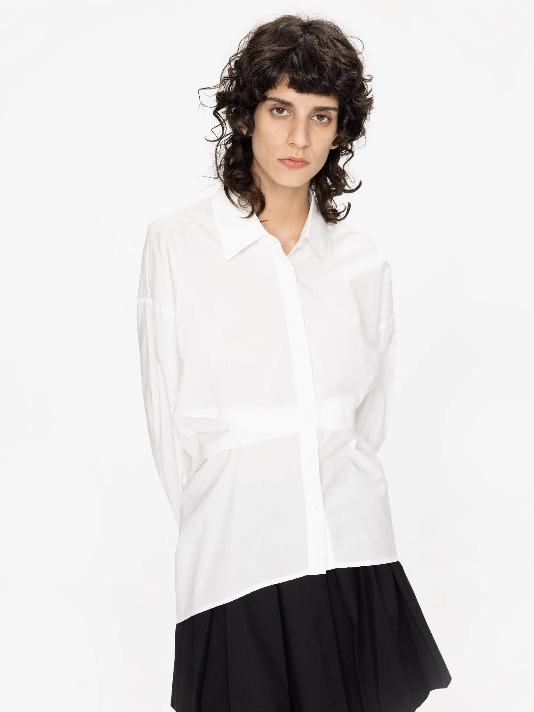 Asymmetric Hem Waist Pleated Shirt