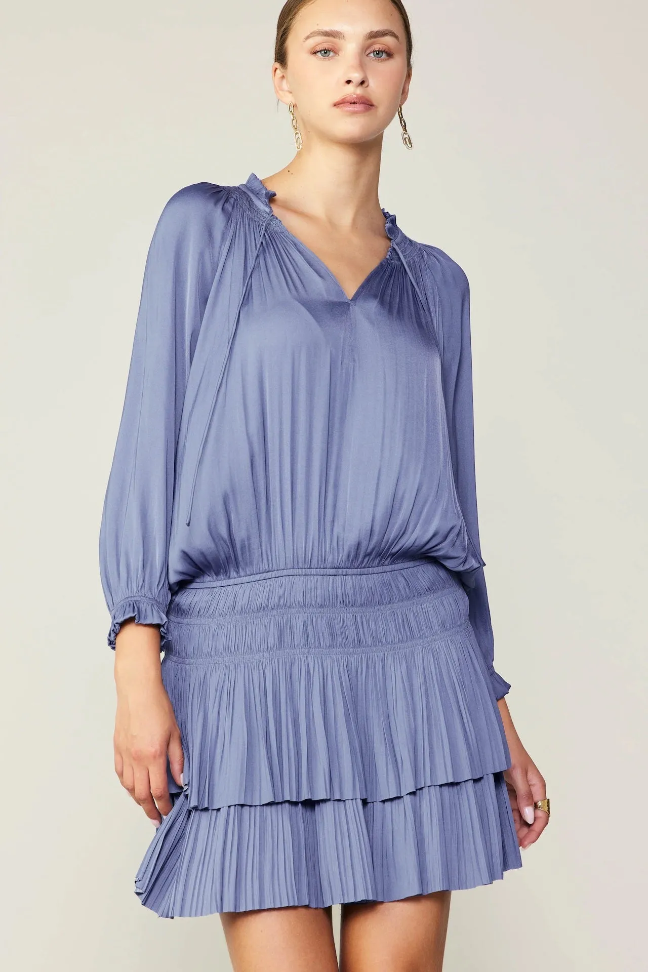 Aurelie Pleated Mini Dress - Dusty Blue