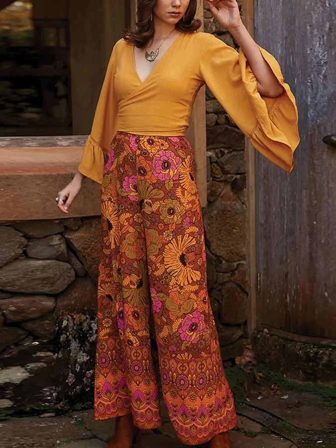 Autumn Broad-legged Slender Ancient Printed High-waist Bell Leisure Pants