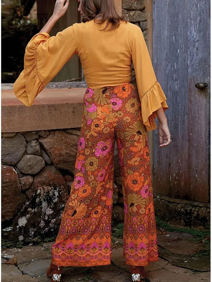 Autumn Broad-legged Slender Ancient Printed High-waist Bell Leisure Pants