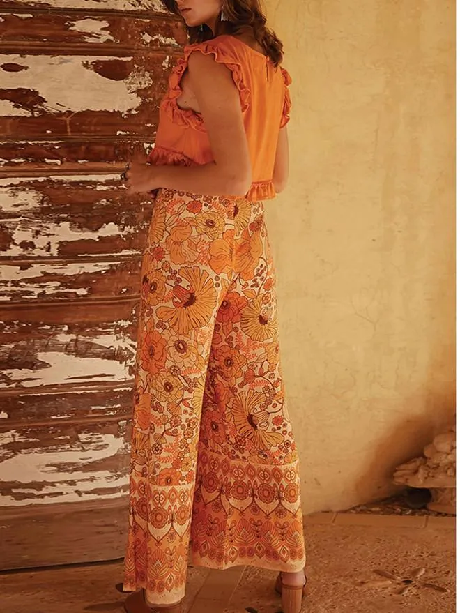 Autumn Broad-legged Slender Ancient Printed High-waist Bell Leisure Pants