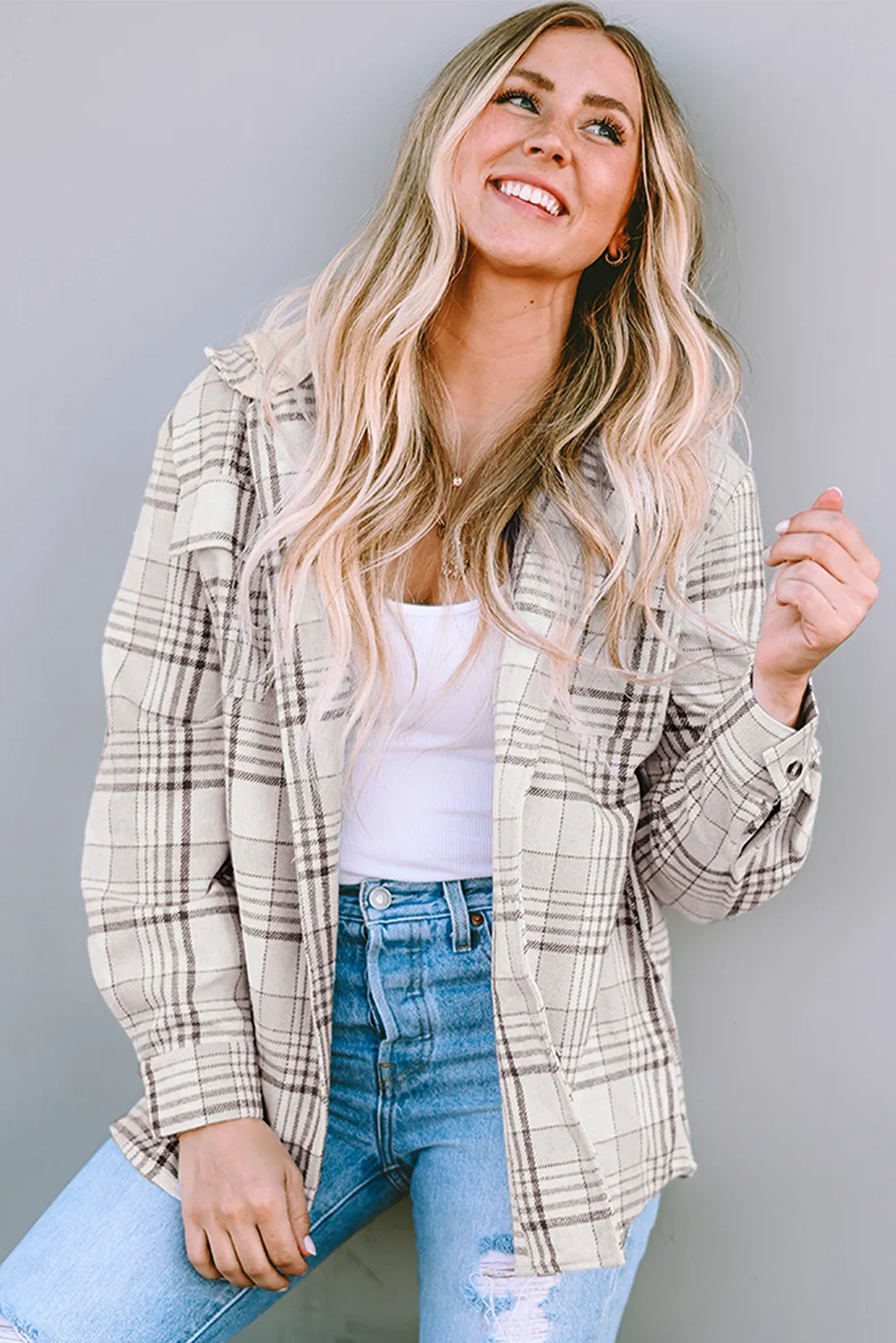 Beige Plaid Hooded Button-Up Shacket