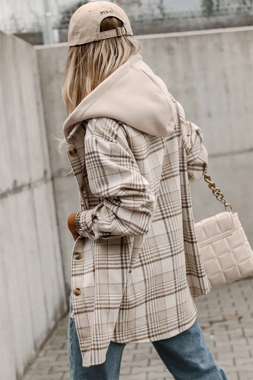 Beige Plaid Hooded Button-Up Shacket