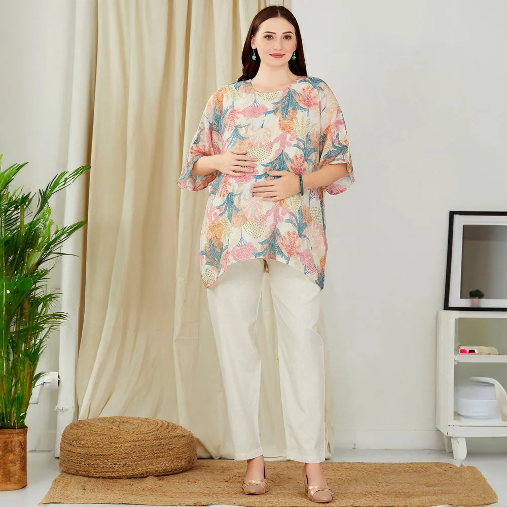 Beige Tropical Nursing Maternity Tunic With Inner And Pant Set