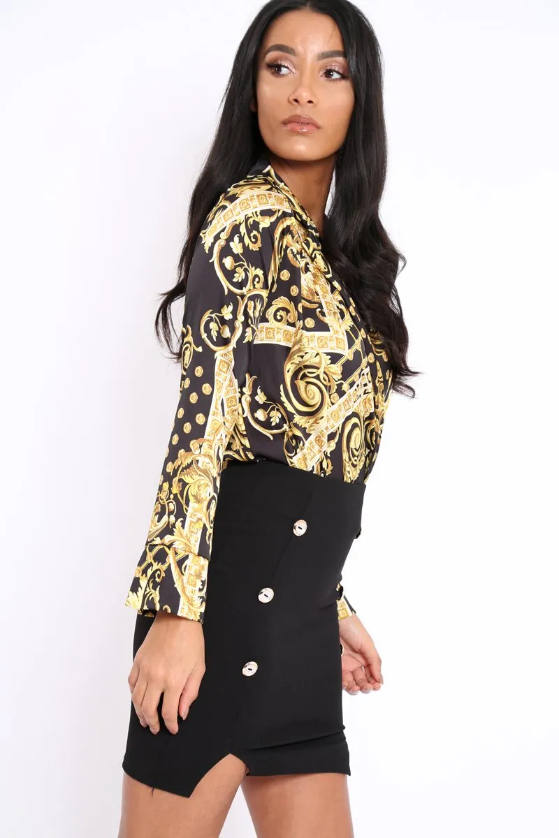 Black and Gold Scarf Print Satin Plunge Bodysuit - Moniqua