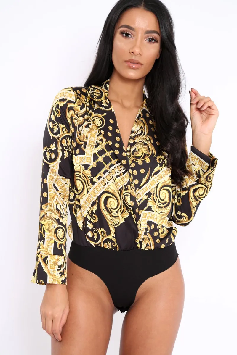 Black and Gold Scarf Print Satin Plunge Bodysuit - Moniqua