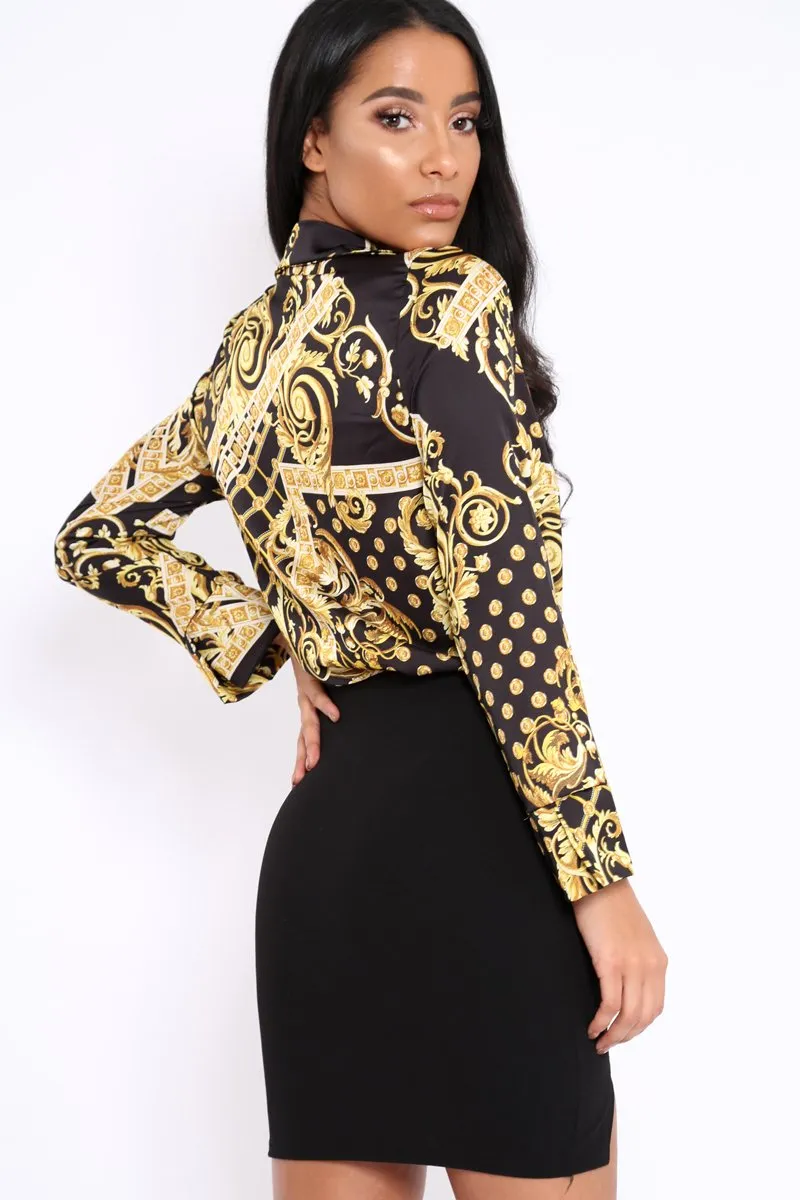 Black and Gold Scarf Print Satin Plunge Bodysuit - Moniqua