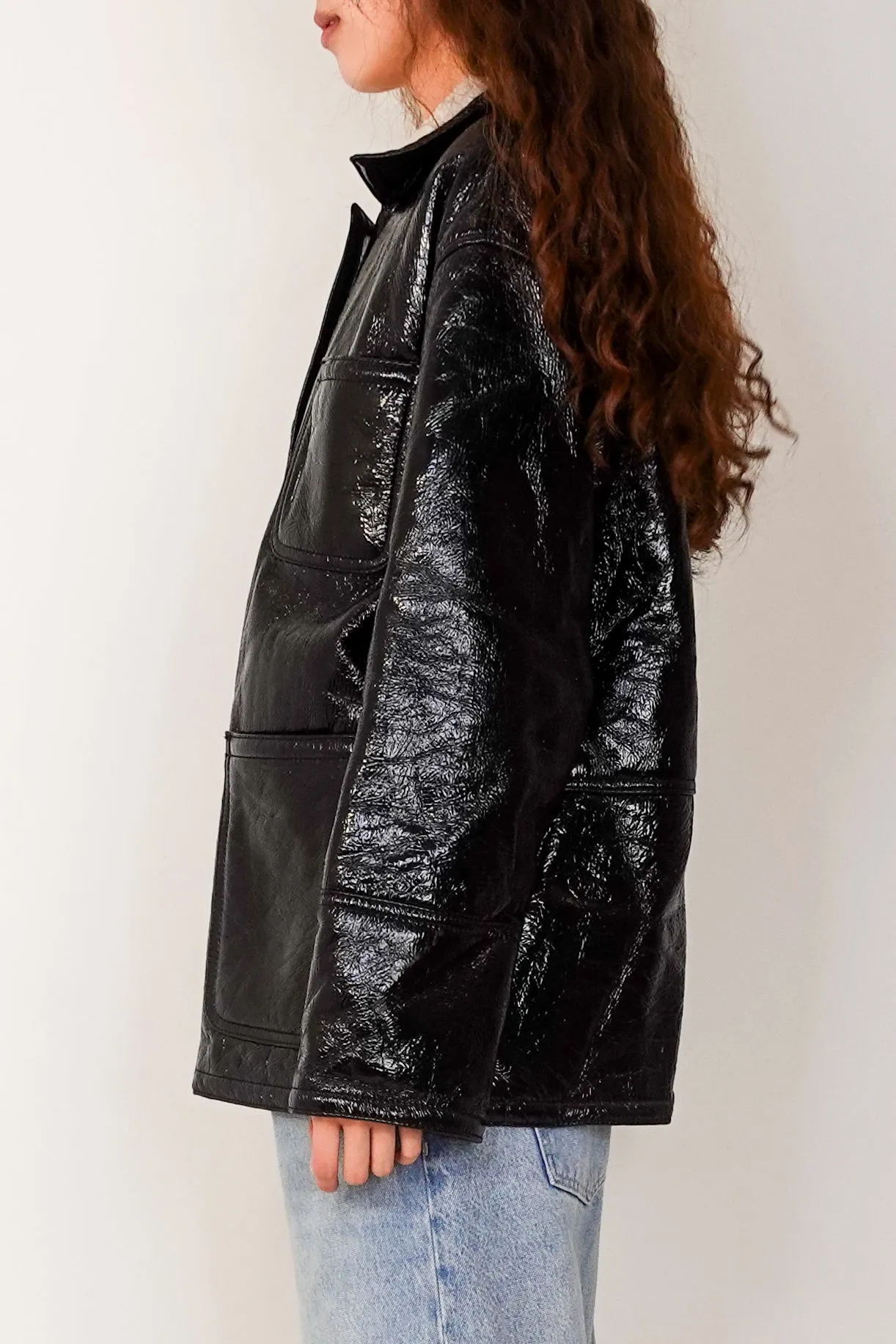 Black crinkle patent leather jacket RRP £500