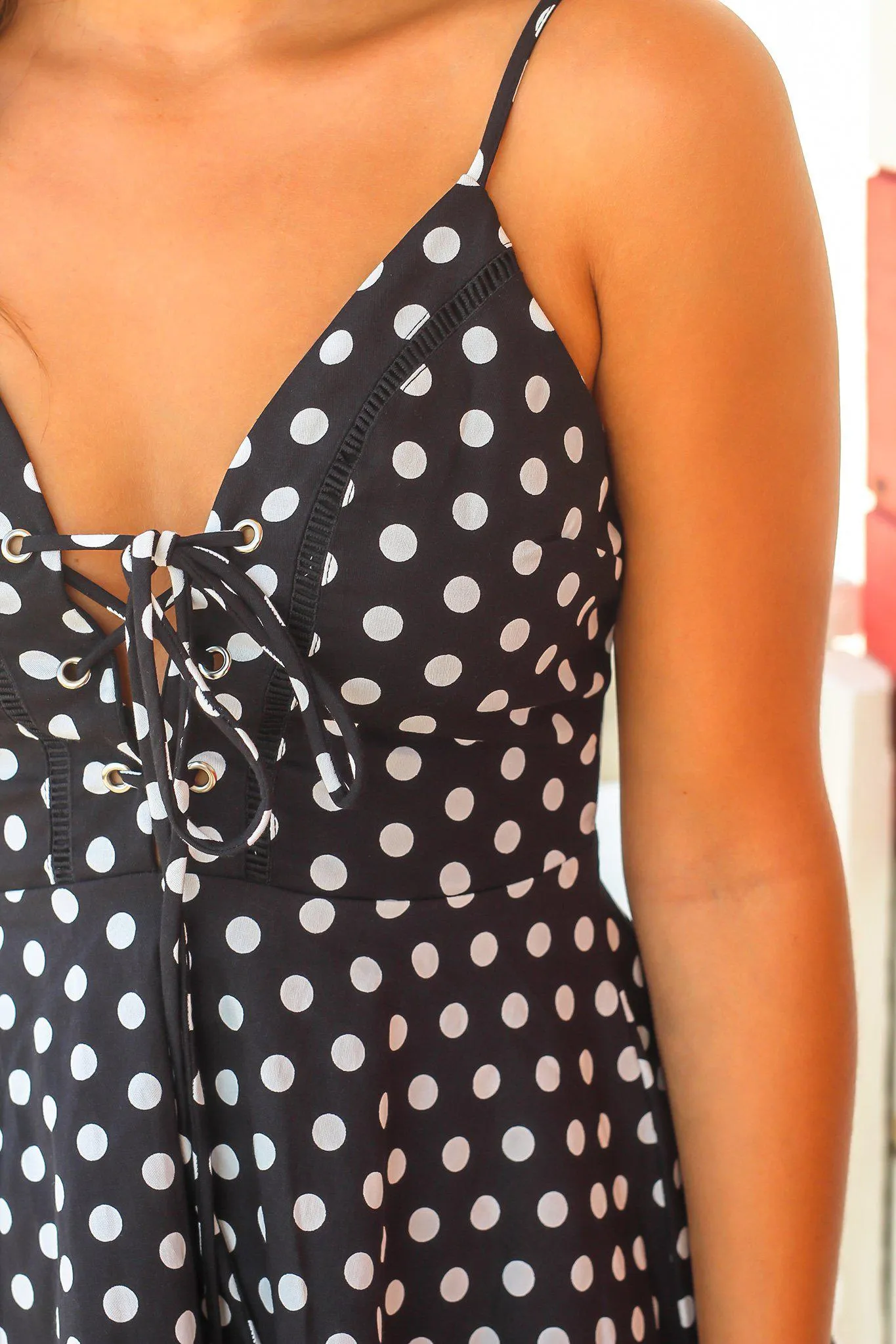 Black Polka Dot Short Dress with Lace Up Detail