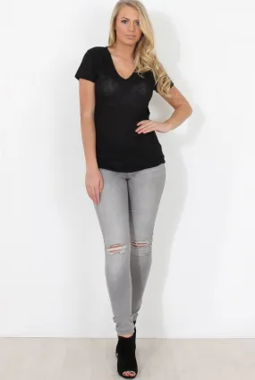 Black Ribbed V Neck Top - Yvette