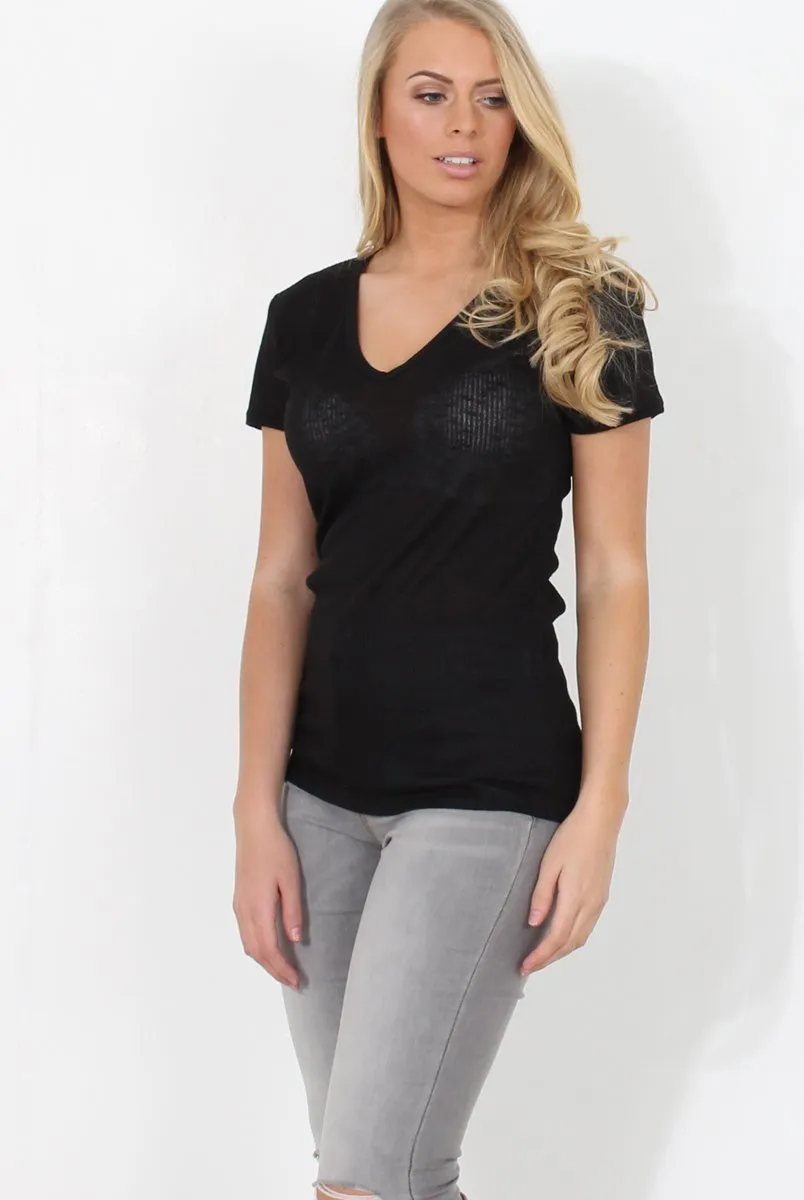 Black Ribbed V Neck Top - Yvette