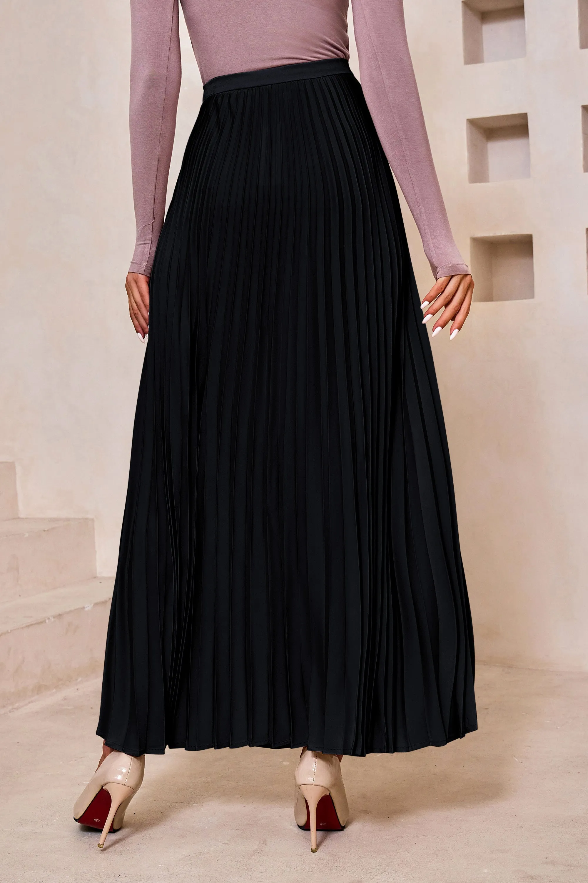 Black Satin Pleated Maxi Skirt