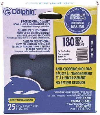 Blue Dolphin Anti-Clogging/No Load Series 5 Inch  8-Hole Hook & Loop Discs 180 Grit 25 Pack