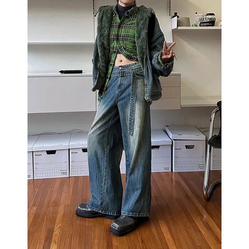 Blue Vintage Harajuku High Waist Denim Pants for Women