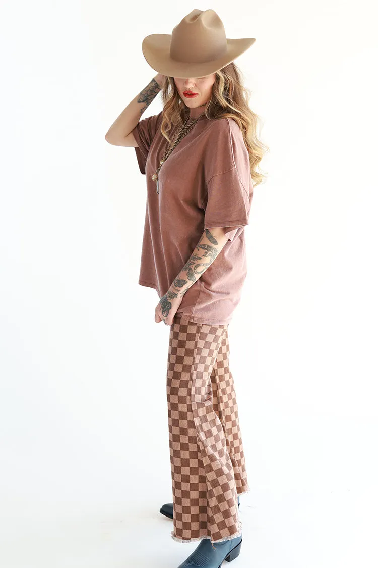 Brown Checkered Flare Pants with Elastic Waist