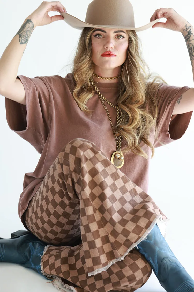 Brown Checkered Flare Pants with Elastic Waist