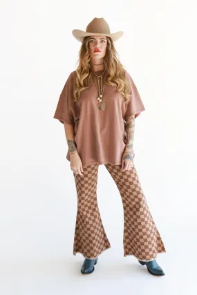 Brown Checkered Flare Pants with Elastic Waist