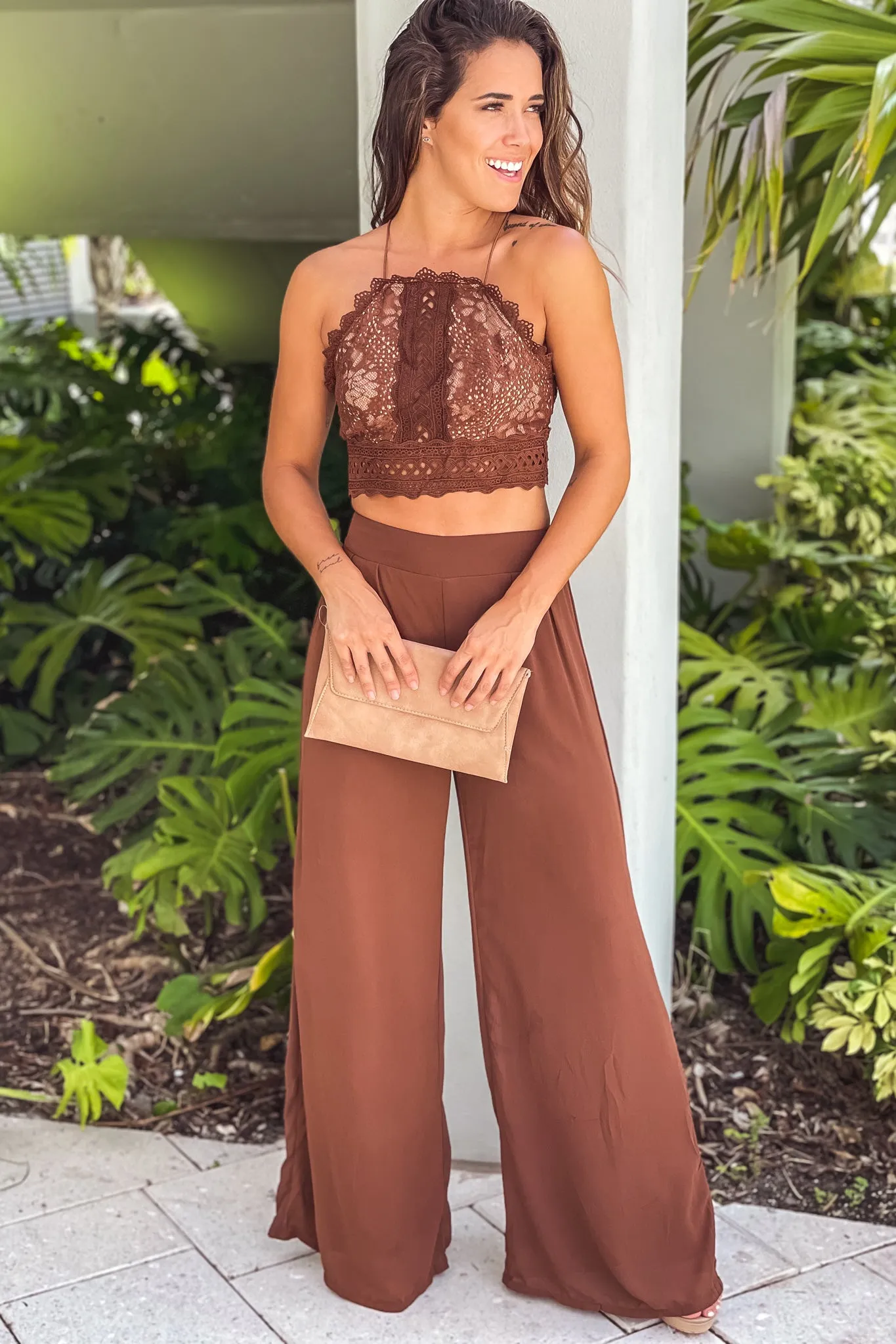 Brown Crochet Top And Palazzo Pants Set