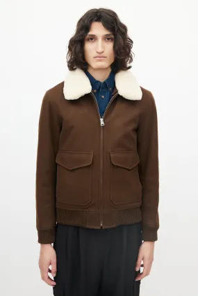 Brown Wool Shearling Collar Bomber Jacket