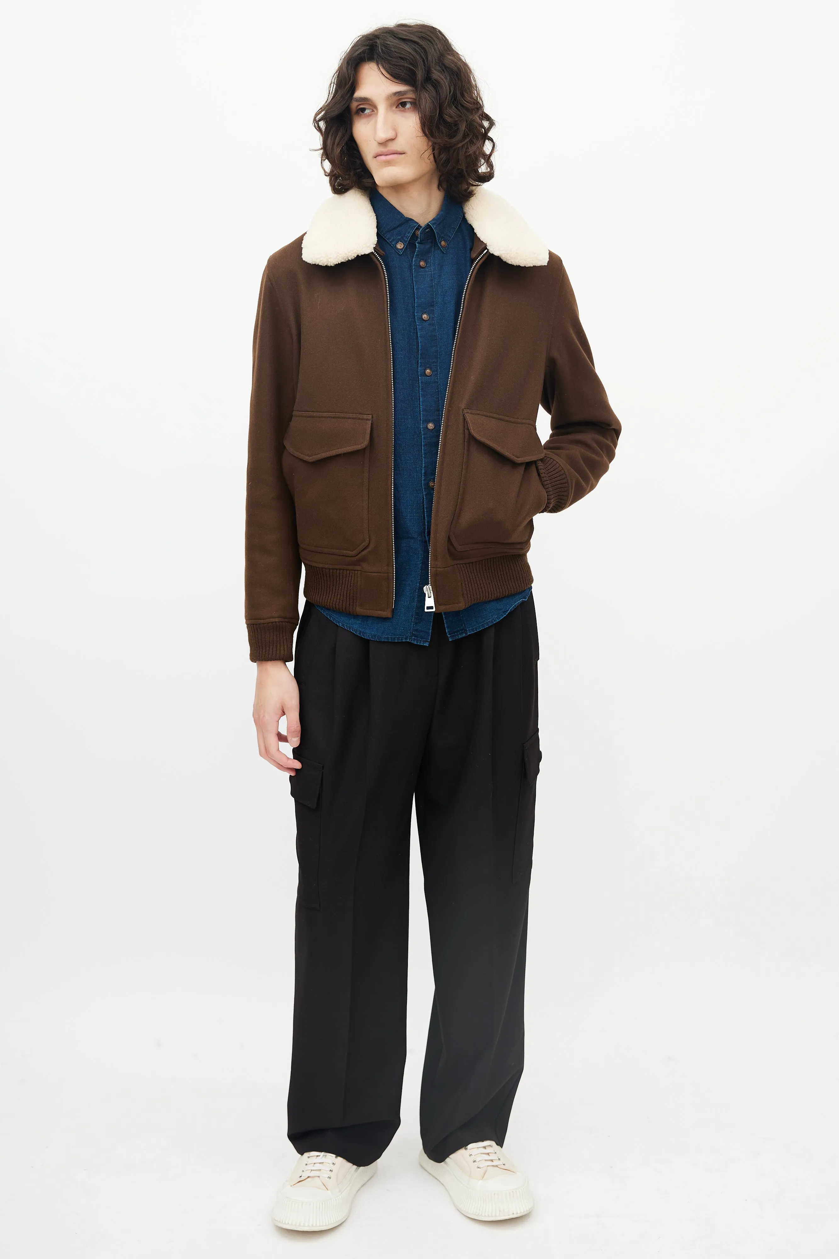 Brown Wool Shearling Collar Bomber Jacket