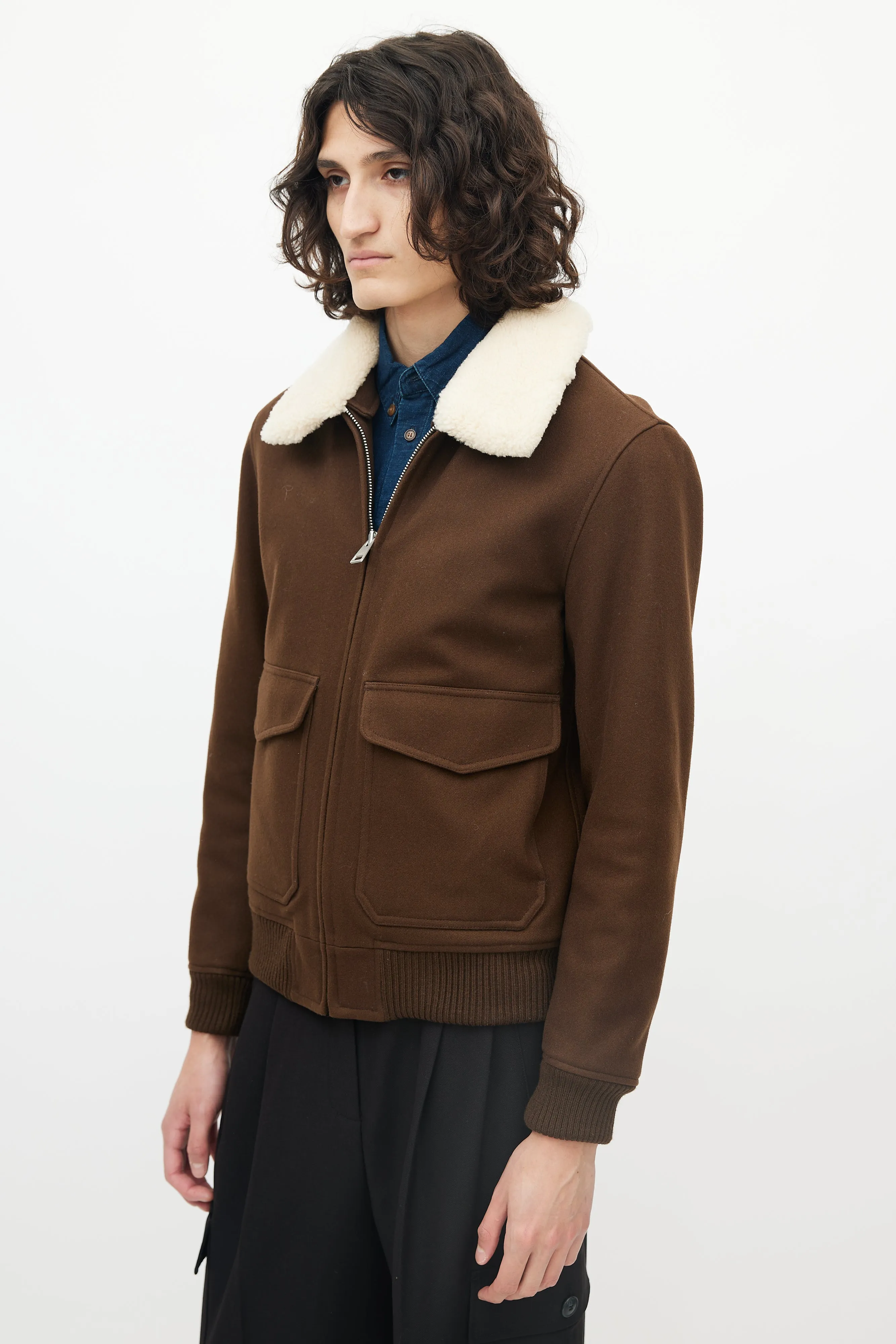 Brown Wool Shearling Collar Bomber Jacket