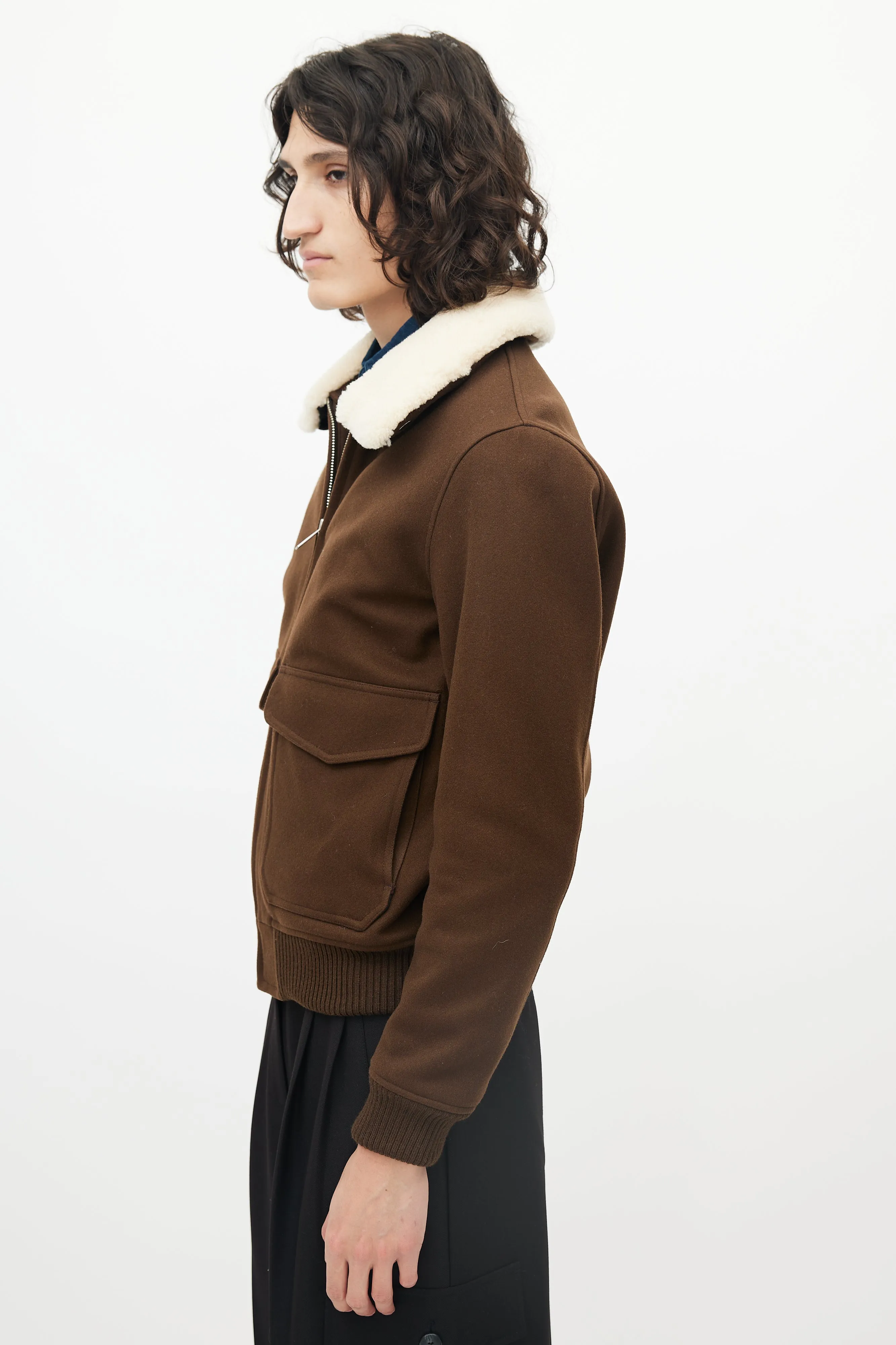 Brown Wool Shearling Collar Bomber Jacket